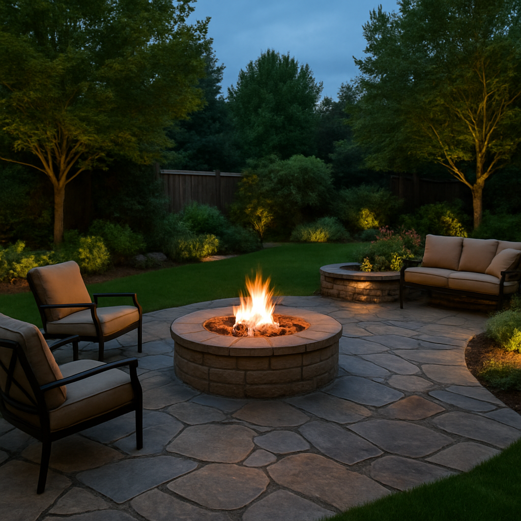 Backyard outdoor living space with a flagstone patio and fire pit at dusk