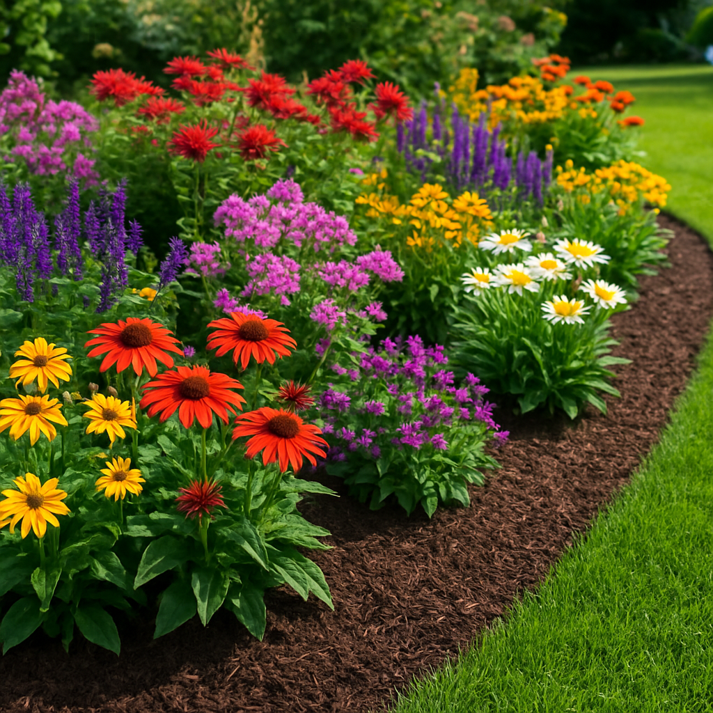Vibrant flower garden bed with colorful perennials and fresh mulch bordering a lawn