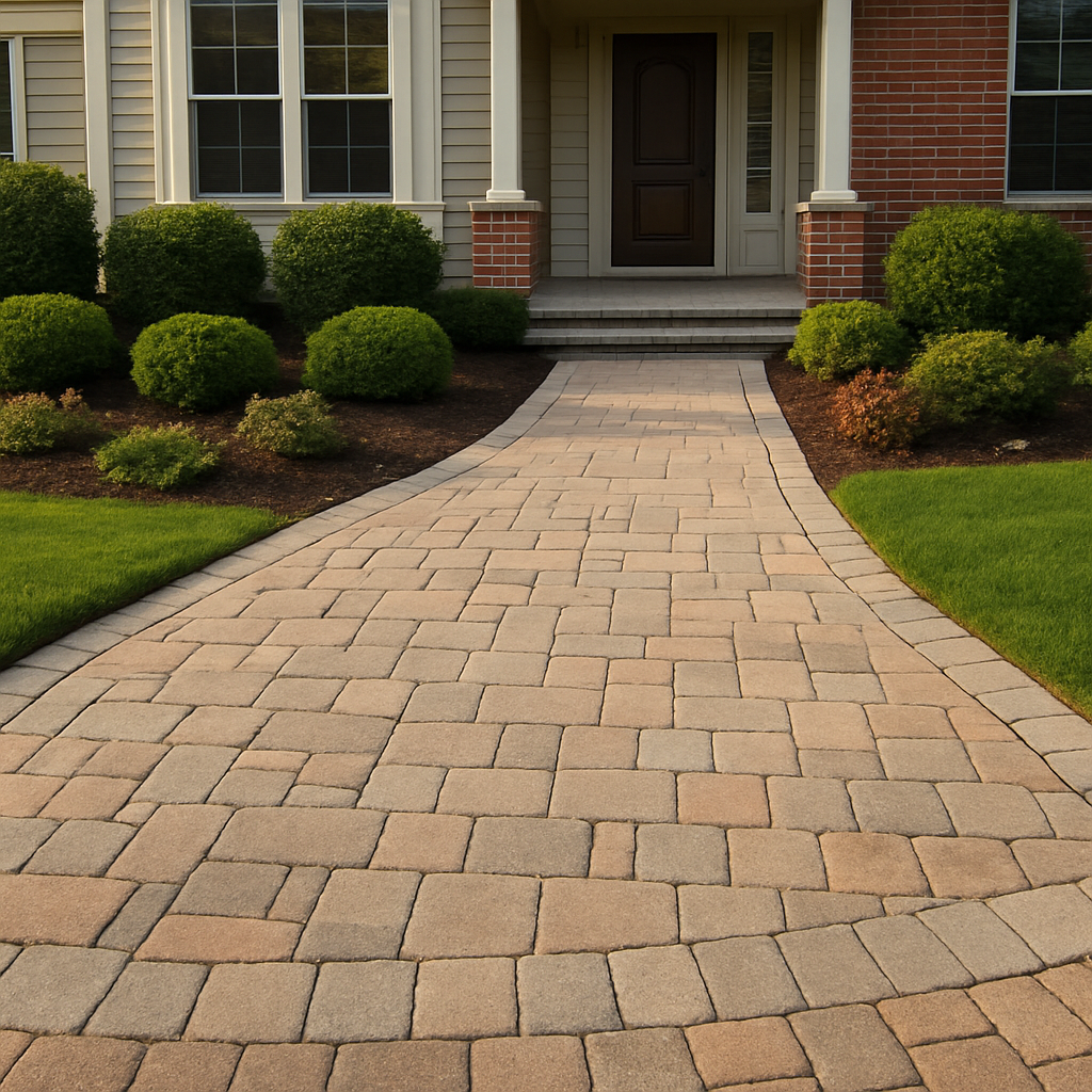 Paver driveway and walkway entrance with neat landscaped borders and trimmed shrubs