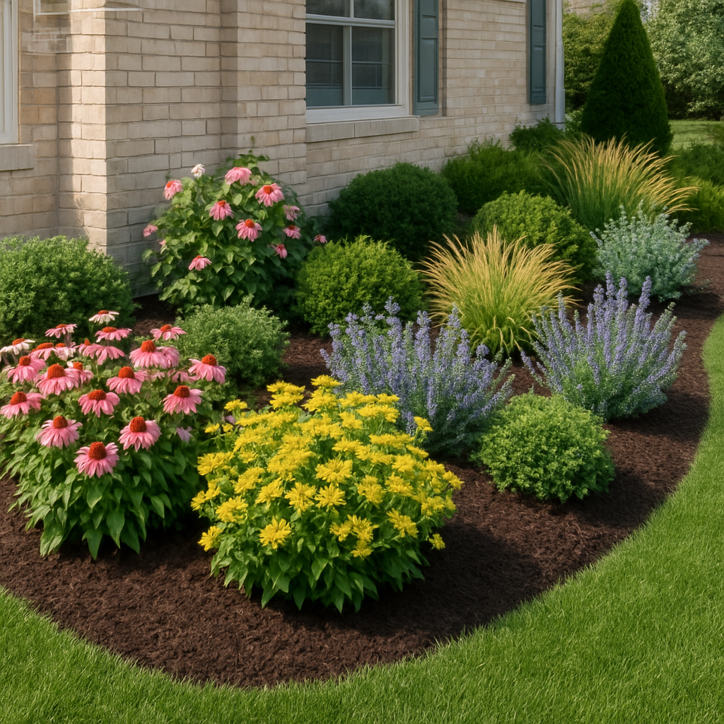 Freshly designed garden beds with flowering perennials and ornamental shrubs along a home foundation