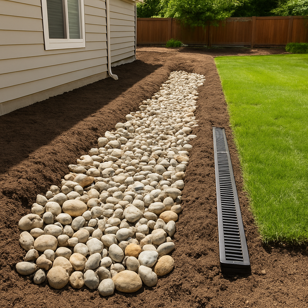 Residential drainage project with a dry creek bed of river rock directing water away from a home