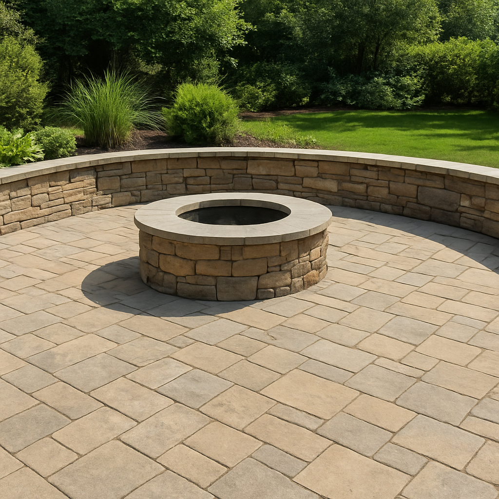 Newly installed natural stone paver patio with a stacked stone retaining wall in a backyard