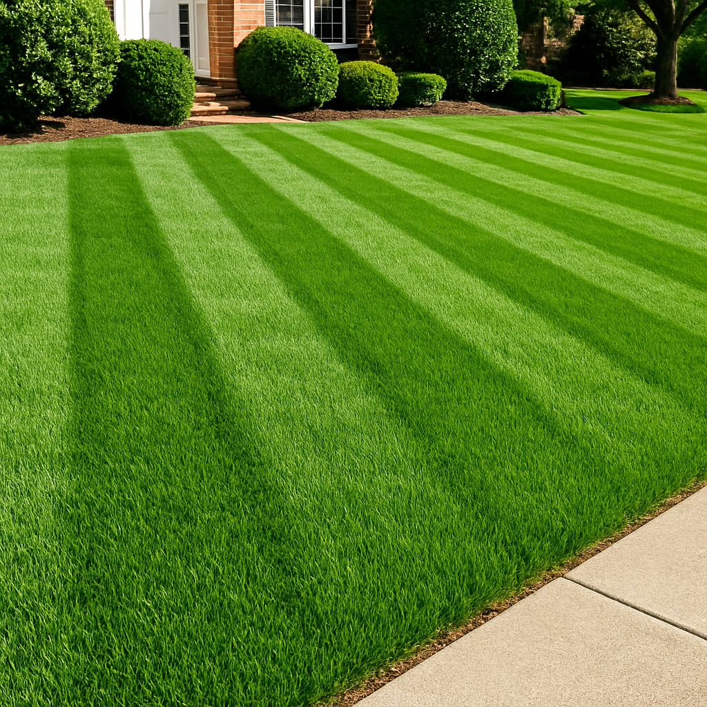 Lush freshly mowed green lawn with clean mowing stripes in a residential yard
