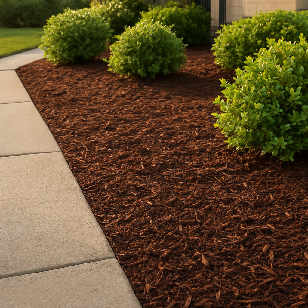 Freshly applied dark brown mulch in tidy garden beds with crisp clean edges