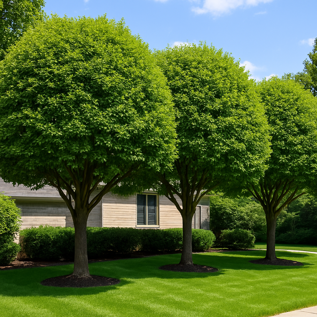 Healthy, professionally pruned mature shade trees over a neat green lawn